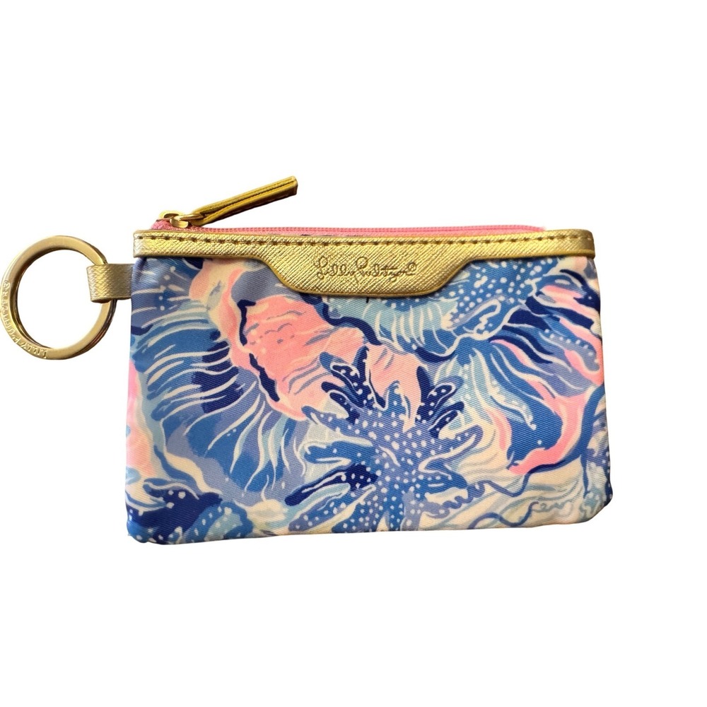 Lilly Pulitzer Coin Purse ID Holder‎ Keychain Coral Blue Floral Pastel Beach